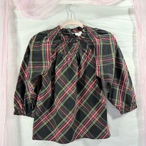J.Crew Plaid Smocked Puff Sleeve Blouse P/XXS